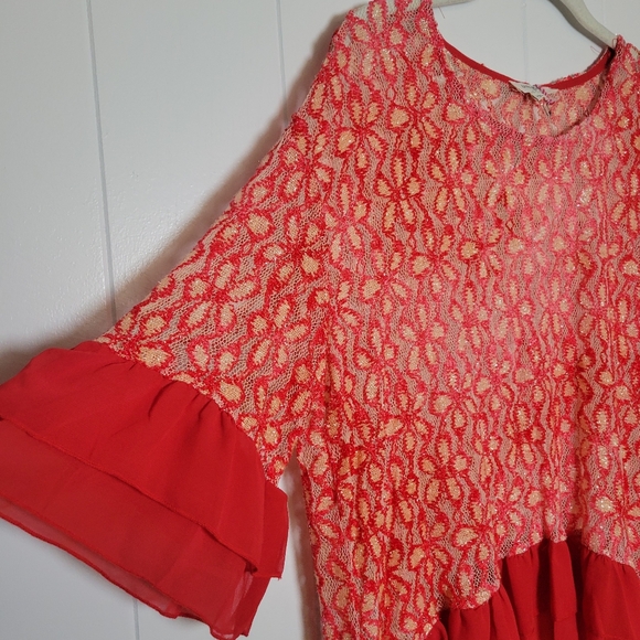 NWT Umgee Semi Sheer Ruffle Trim Tunic Top Sparkly Floral Mesh Anthropologie LG - Picture 3 of 15